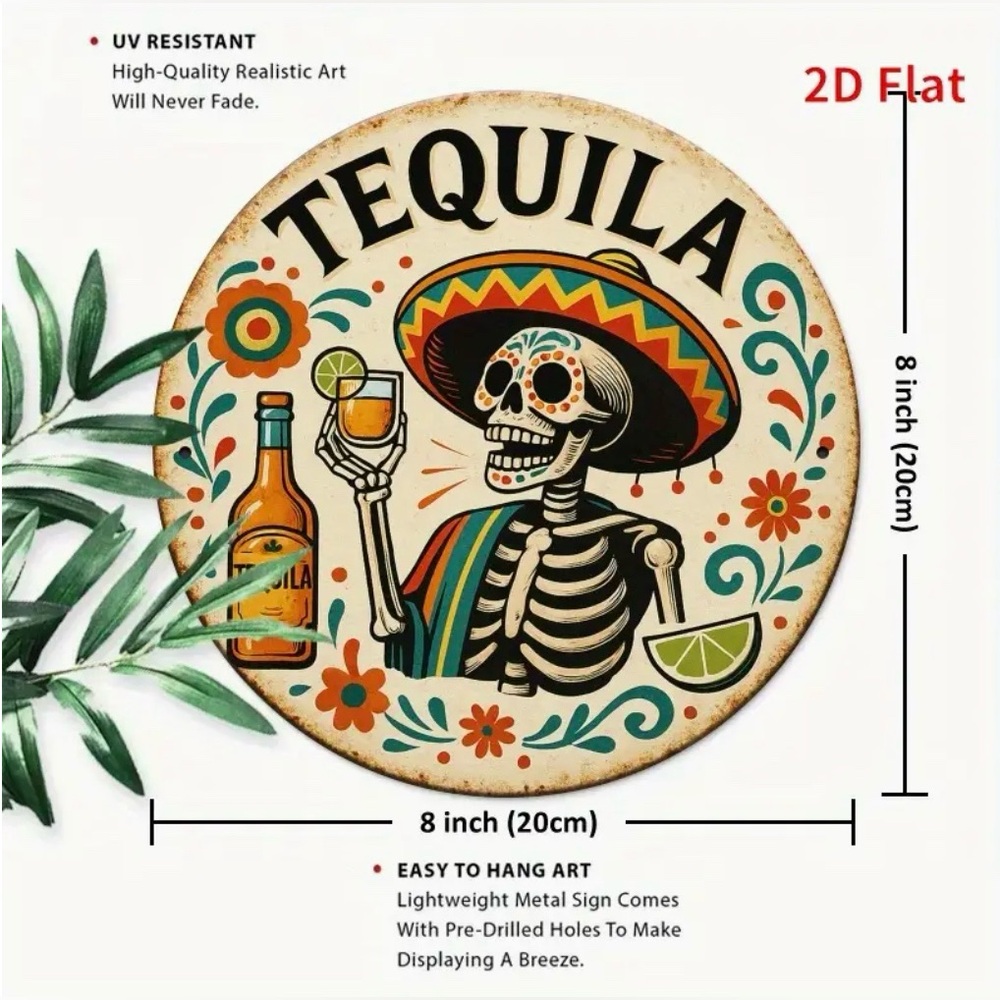 Tequila Day of the Dead Skull with Sombrero 2D Flat Metal Wall Art New - Picture 4 of 6